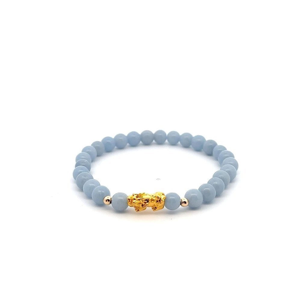 18K Gold Dragon Pixiu Piyao Lucky Charm Bead Bracelet Gemstones Natural Angelite